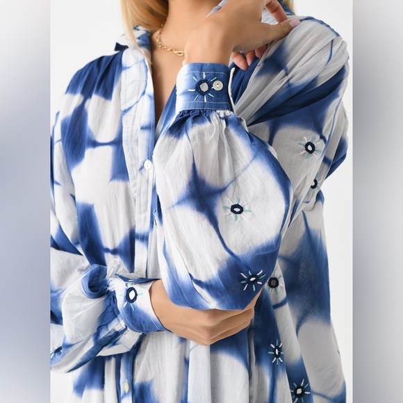 V De Vinster Cramp Tie Dye Dress Indigo/White Button-Down Placket - Picture 2 of 15